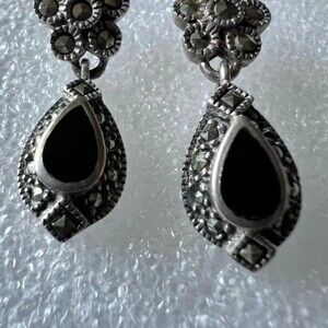 Vintage Onyx And Marcasite .925 Sterling pierced Earrings Signed .925 A